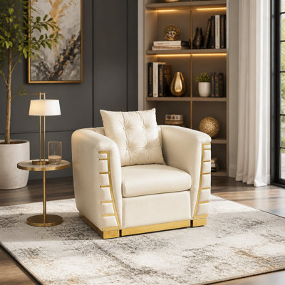 Canapé une place en velours italien, 102 cm (40,2 pouces) avec 1 coussin décoratif, beige avec détails métalliques dorés, pour salon, chambre et maison