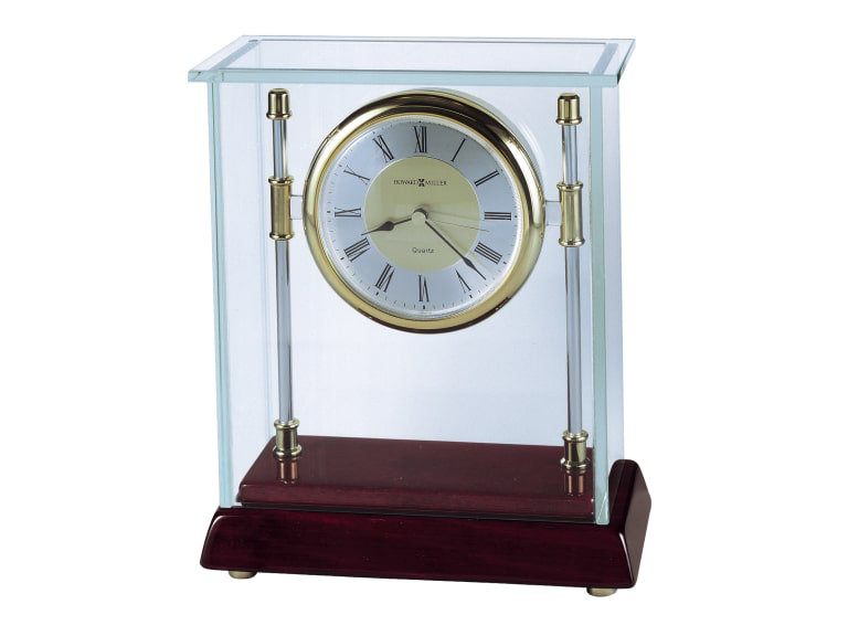Mid-Century Modern Roman Numeral Acrylic Quartz Movement / Crystal Tabletop Clock in Chrome/Rosewood Hall/Clear