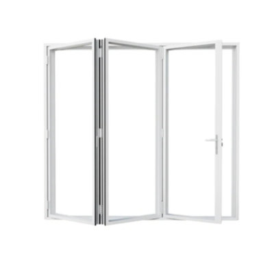 96"W x 96"H Left Outswing Double Tempered Glass White Aluminum Folding Biofold Patio Door 3+0