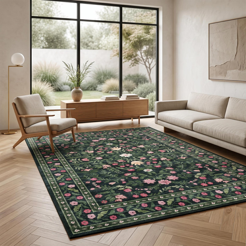 5x7 ft Washable Botanical Area Rug for Living Room - Foliage Leaf Print Carpet, Soft Velvet Texture, Non-Slip TPR Backing, Machine Washable, Dark Green