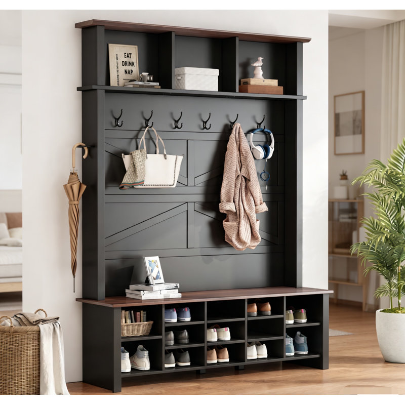 Farmhouse 4-In-1 Hall Tree With 6 Hooks, Walnut Entryway Bench With Shelves, Wooden Style Rustic Shoe Organizer With 16 Open Compartments For Bedroom, Living Room, Black