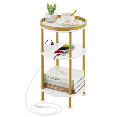 Small Round End Table with Charging Station, 3-Tier Accent Couch Beside Table with USB Ports & Power Outlets, Sofa Side Table for Living Room Small Nightstand Bedroom (USB Charger, White+Gold)