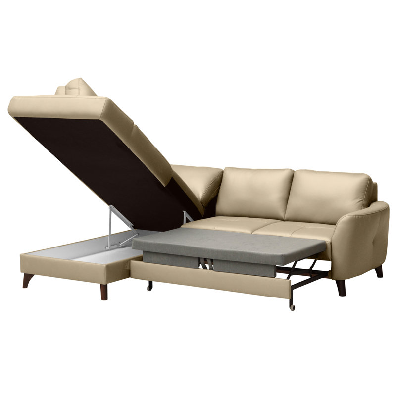 Migues Leather Corner Sofa with Sleeping Function and Storage, Left Hand Facing, Beige