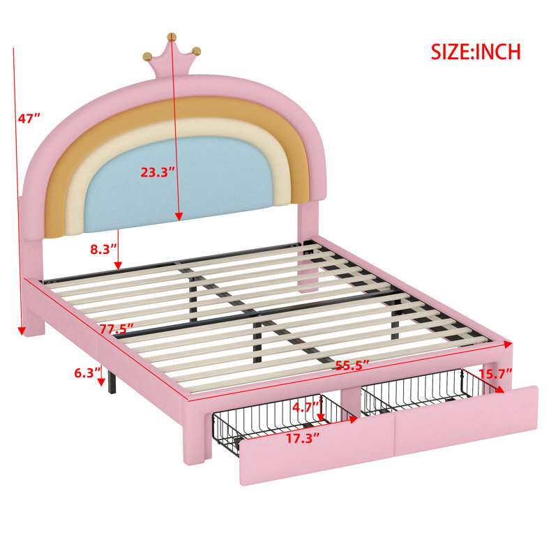Upholstered Rainbow Design Bed, Velvet Princess Platform Bed With Storage Drawer, No Box-Spring Needed,Colorful Pink, Full