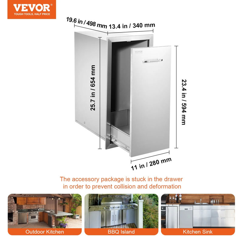 Tiroir de poubelle coulissant 13,6 po x H 26 po x P 19,3 po Rails coulissants inférieurs en acier inoxydable