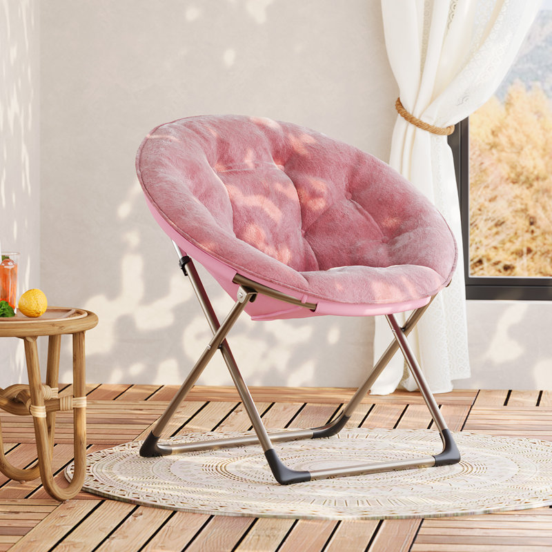 Oversized Folding Saucer Chair - soft-like Faux Fur Lounge Accent Chair with Thick Padding, Space-Saving Flower Design - Bedroom, Living Room, Dorm - Sturdy Metal Frame for Adults & Teens - Pink+Gold