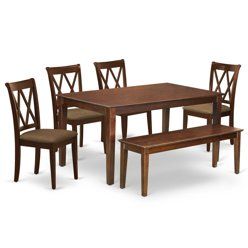 Laffey Solid Wood Dining Set, 6 Pieces: Table + Bench + 4 Chairs;, Mahogany, Linen Fabric