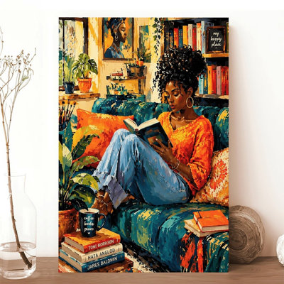 Canvas Wall Art Cozy Reading Nook Art Print Black Woman Bookshelf Vintage Poster Print Home Decor
