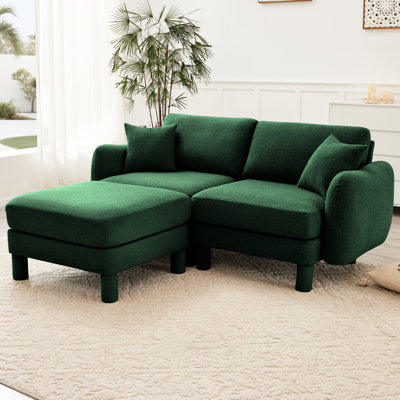 Canapé moderne avec des pieds cylindriques, des coussins d'assise et de dossier moelleux pour se détendre dans le tissu du salon en forme de coquillage à 2 places, base en bois