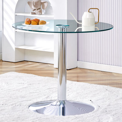 Élégante table ronde de 35 pouces avec pieds en verre transparent et structure en métal argenté robuste