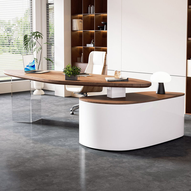 Bureau à 2 tiroirs brun noisette + blanc-uni de forme libre + bois manufacturé + acrylique, Retour à gauche