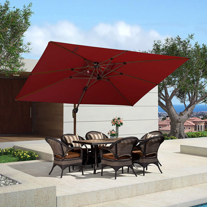 Parasol en porte-à-faux rectangulaire double en bois à double plateau de luxe 9 pi x 12 pi, rouge brique, Rouge brique