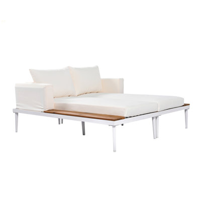 Modern Outdoor Daybed Patio Metal Daybed With Wood Topped Side Spaces For Drinks, 2 In 1 Padded Chaise Lounges For Poolside, Balcony, Deck