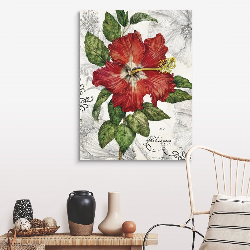 Hibiscus rouge sur toile blanche, H 40 po x l 30 po x P 1,25 po, Toile tendue