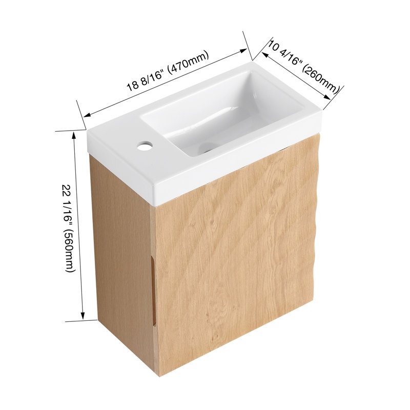 Meuble-lavabo mural 18,5 po avec lavabo en résine, Bois naturel