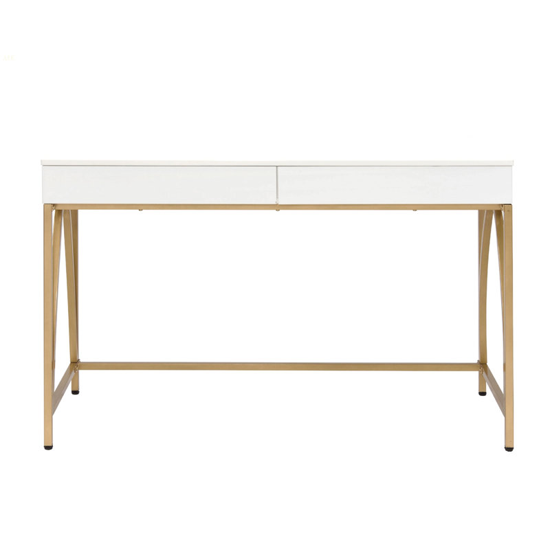 Bureau d'écriture à 2 tiroirs avec base à tréteaux en métal blanc brillant et doré