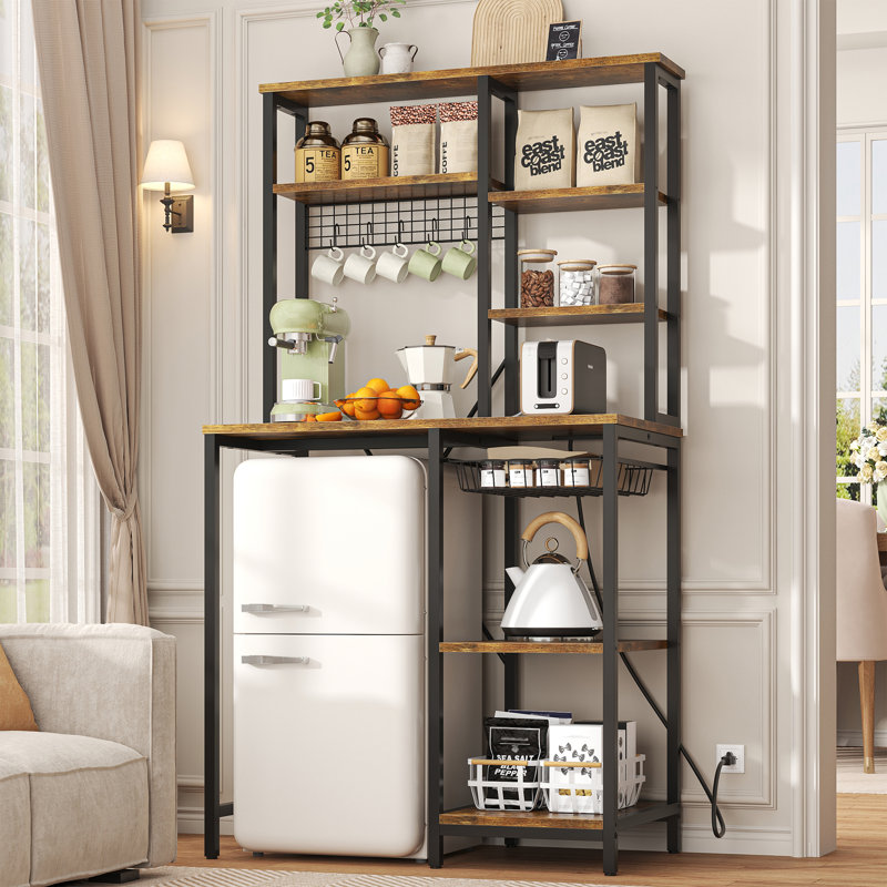 Mini-réfrigérateur avec rangement Kepptory, micro-ondes et organisateur de bar à café avec prise de courant, grandes tablettes de rangement pour appareils de cuisine, parfait pour le dortoir, café-bar, brun rétro