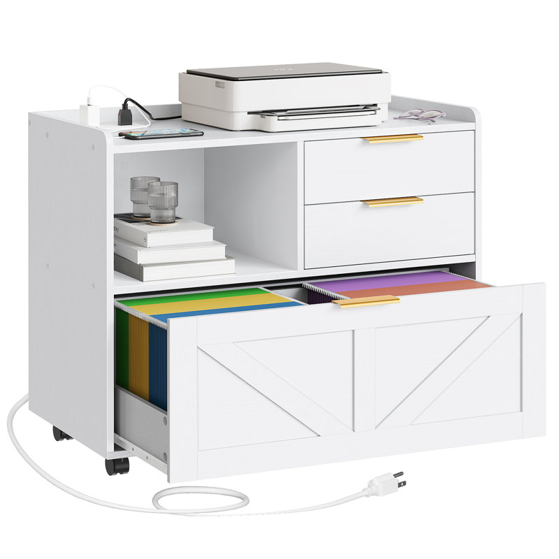 31.5'' Wide Mobile File Cabinet with Storage and Charging Station, White