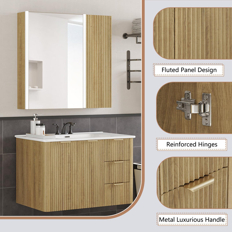 Ensemble de meuble-lavabo moderne avec lavabo Mid-Century, 30", Brun