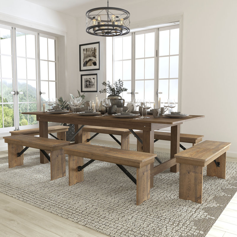 Dejon 8' x 40" Antique Rustic Folding Farm Table and Six Bench Set, 30  H x 40  W x 96  L