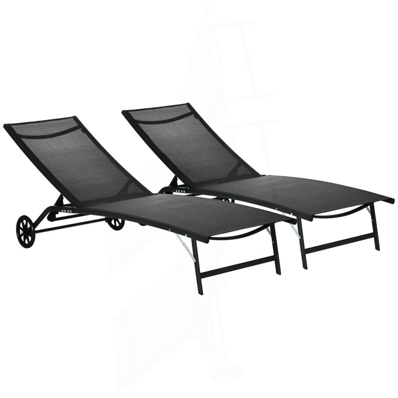 Chaise longue pour l'extérieur, chaise longue avec roulettes 2 pièces, chaise de bronzage avec 5 positions réglables pour le patio, la plage, la cour, la piscine, noir