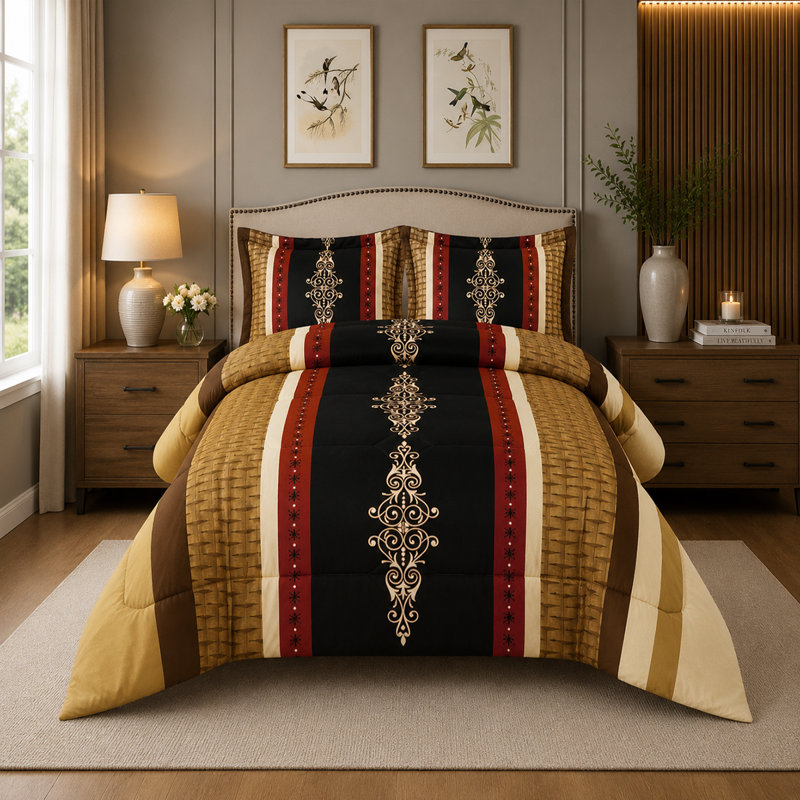 Brown Trendy Printed Bedspread Floral Design Quilted with Pillow Shams, Single Bedspread + 1 Standard Sham