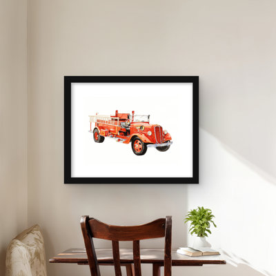Vintage Fire Truck Print - Red Framed Matted Home Decor