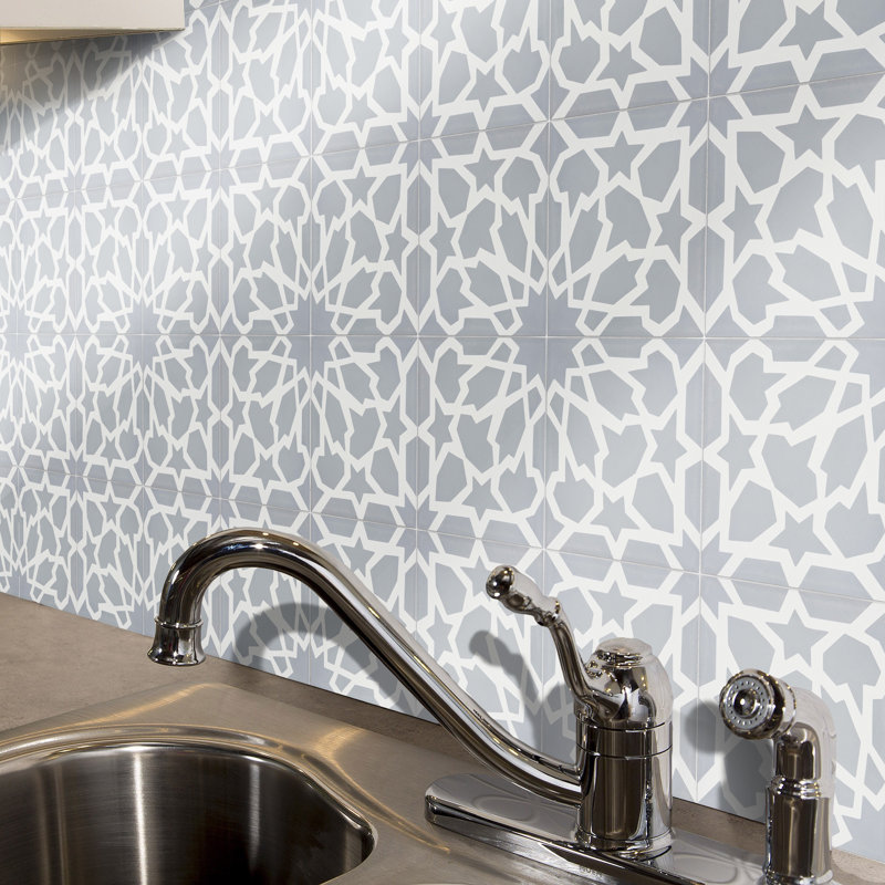 Bahja 8" x 8" Cement Patterned Wall & Floor Tile, Gray/White