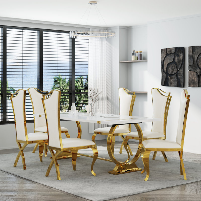 78 Inch White And Gold Dining Table Set With 6 White Leather Dining Chairs, 7 Pieces: Table, 6 Chairs, Gold
