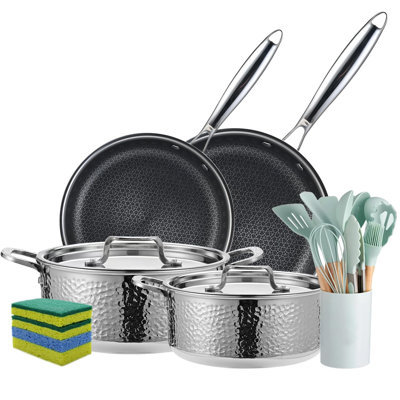 Ensemble de batterie de cuisine en acier inoxydable à trois couches Vivicreat, casseroles et poêles martelées avec 2 poêles à frire antiadhésives et 2 casseroles avec couvercles, 304 intérieur, compatible avec l'induction