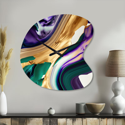 Purple, Green And Gold Bold Strokes I - Abstract Asymmetrical Metal Clock, Purple Unique Shape Metal Clock Print