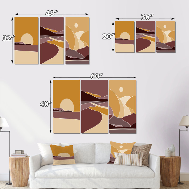 Paysage rétro rétro en couleurs rétro I - ensemble d'art moderne Mid-Century de 3 pièces, H 40 po x l 60 po