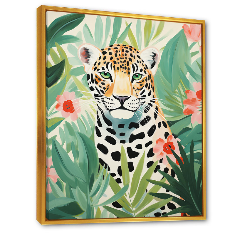 Léopard tropical vert et rose II - art mural encadré léopard, H 44 po x l 34 po x P 1,5 po, Cadre flottant doré