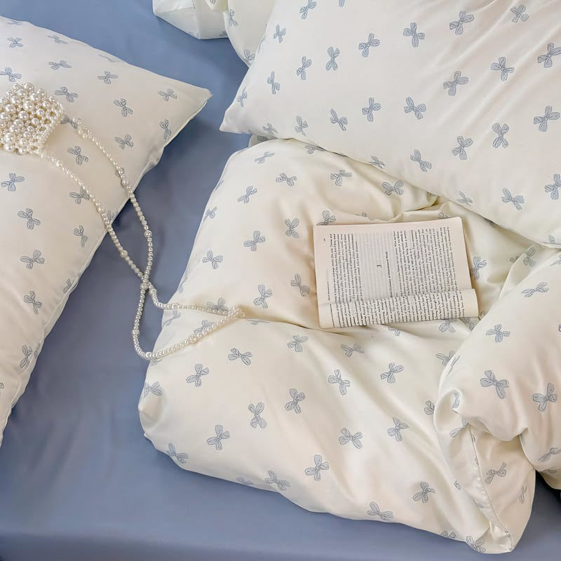 Cartoon Pink Or Blue Bowknot Pattern On White Comforter Set Boys Girls Teens Gentle Soft Home Cozy And Breathable Bedding Set