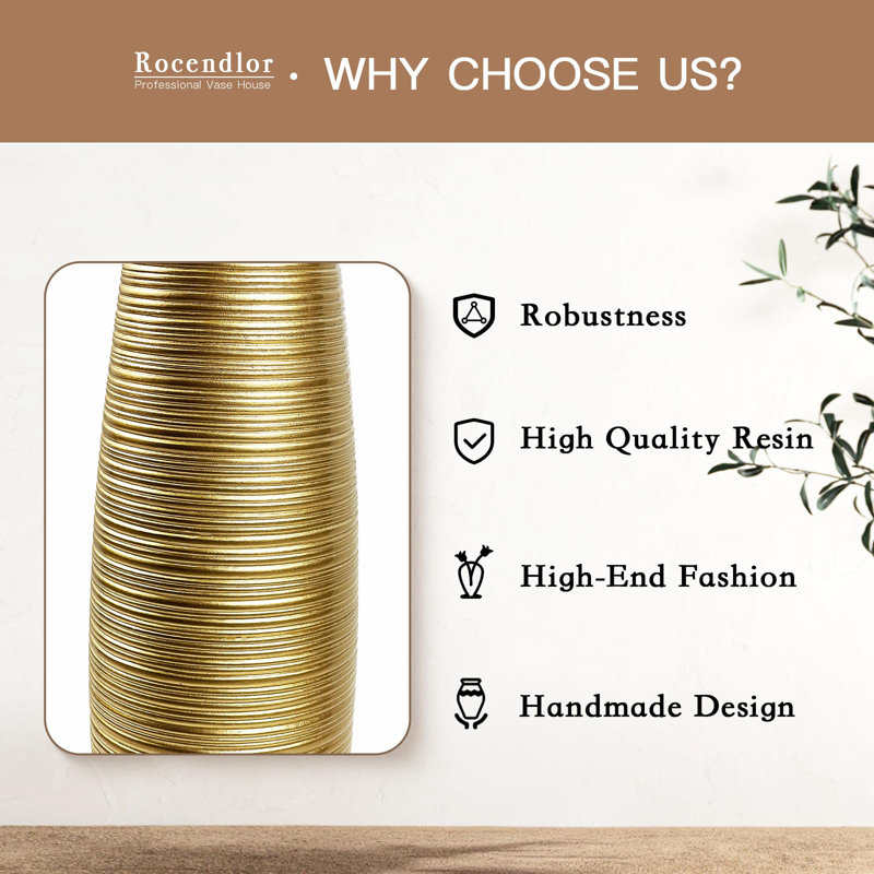 Gold Textured Resin Tall Floor Vase for Decorative Branches