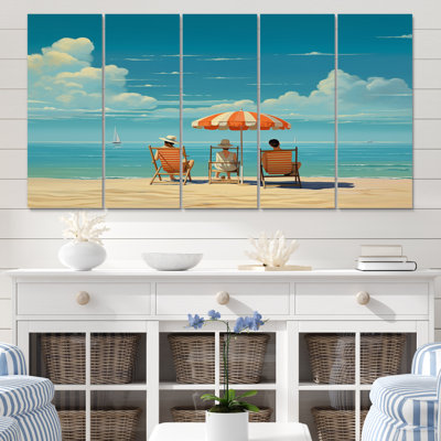 Chaises de plage rétro avec parasol bleu ciel - reproduction sur toile côtière - 5 panneaux égaux