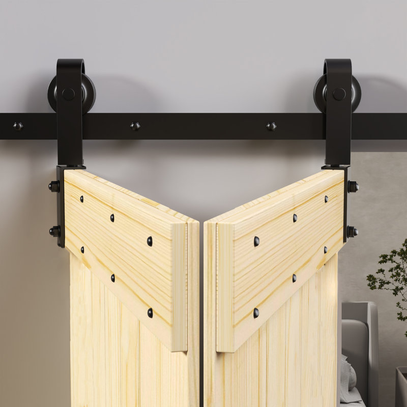 Mid-Bar Style Solid Wood 2 panels Bi-Fold Barn Door with Hardware Kit -Assembly Needed, Ebony, 30" x 84"