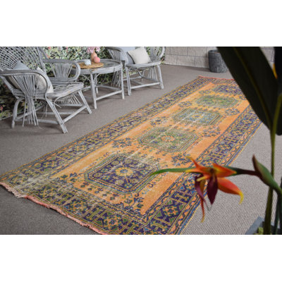 Tapis de couloir vintage turc Oushak en jaune - Tapis en laine idéal pour les escaliers et les couloirs