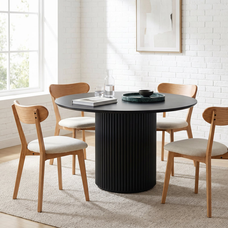 Solid Oak Upholstered Dining Chair with Removable Cover - Set of 4, 4, Light Beige, Oak