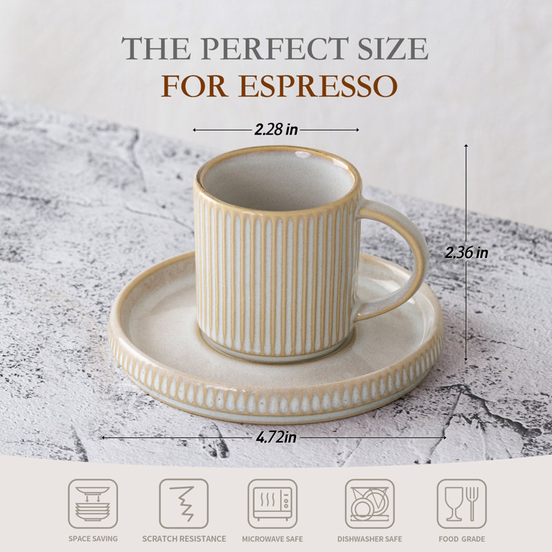 Famiware Stoneware 3oz Espresso Cup & Saucer Set, Cappuccino White