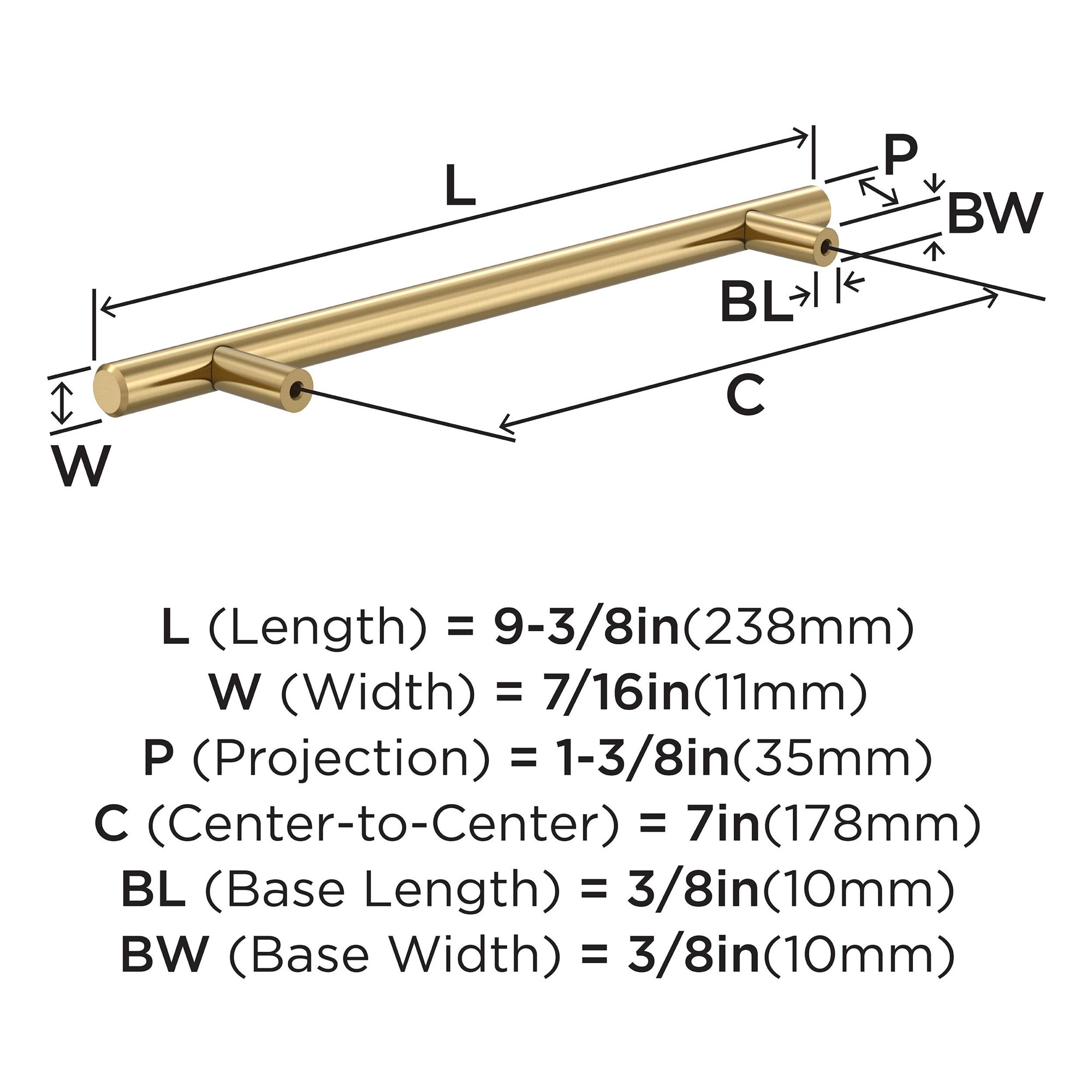 Bar Pulls Center to Center Bar Pull, 7", Gold, 1