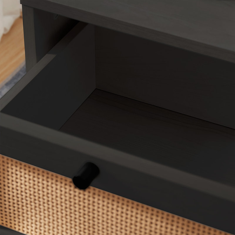 Nestl Wooden Rattan Nightstand End Table with Drawer, Black, 2