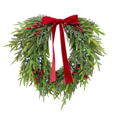 Heart‑Shaped Artificial Cypress Wreath with Red Velvet Bow, Red and Light‑Blue Berries Christmas Front‑Door Wreath