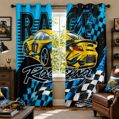 2Pcs Yellow Sports Car Racing Curtains, Dynamic Speeding Vehicle Print Art Ring Top, Bold Graphics Printed for Teenager Room Decoration for Home Dector