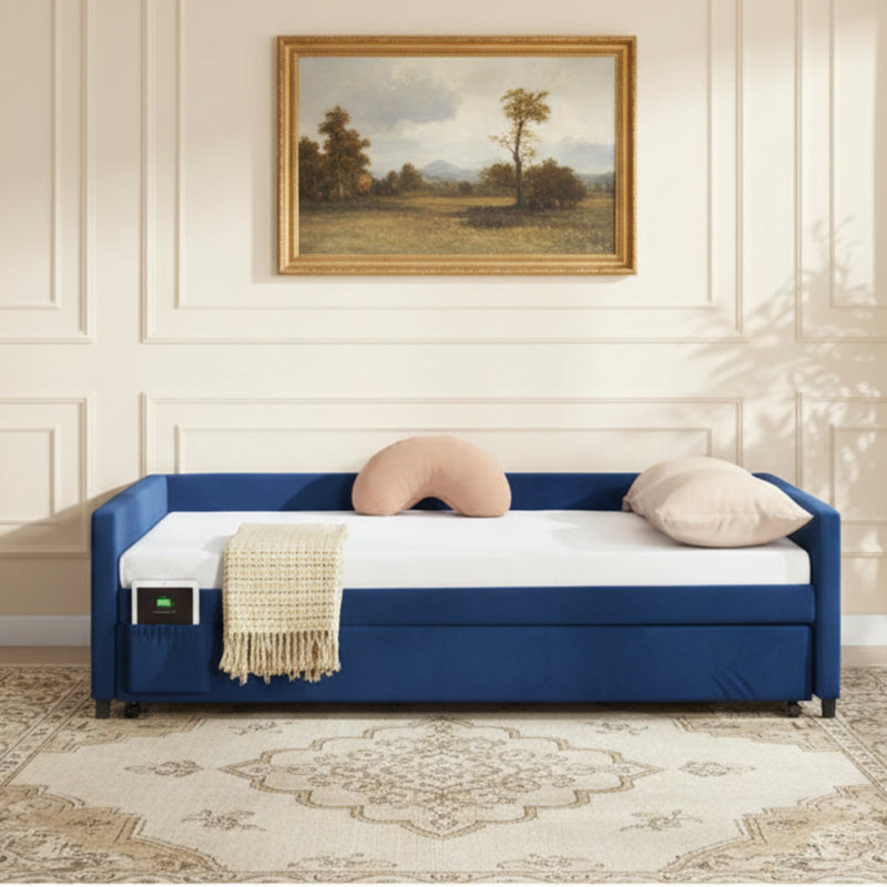 Upholstered Daybed with Trundle, Sturdy Wooden Frame, Modern Diamond Grid Design for Versatile Use in Bedroom or Guest Room (Navy)