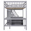 Lit mezzanine double avec bureau intégré en forme de L et tablettes de rangement à trois niveaux, et escalier de rangement attaché