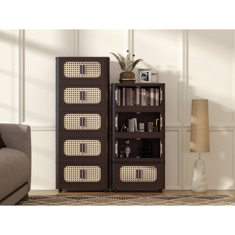 Retro Brown, armoire de rangement pliante latérale de 20 po de large, 5 niveaux, 19,69 po x 11,81 po x 50,00 po, bacs de rangement pliables avec porte magnétique, armoire de rangement en plastique avec roues