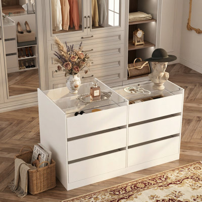 Diretha 9 Drawer Dresser With Glass Table Top, Shoe Change Bench, Shoe Rack
