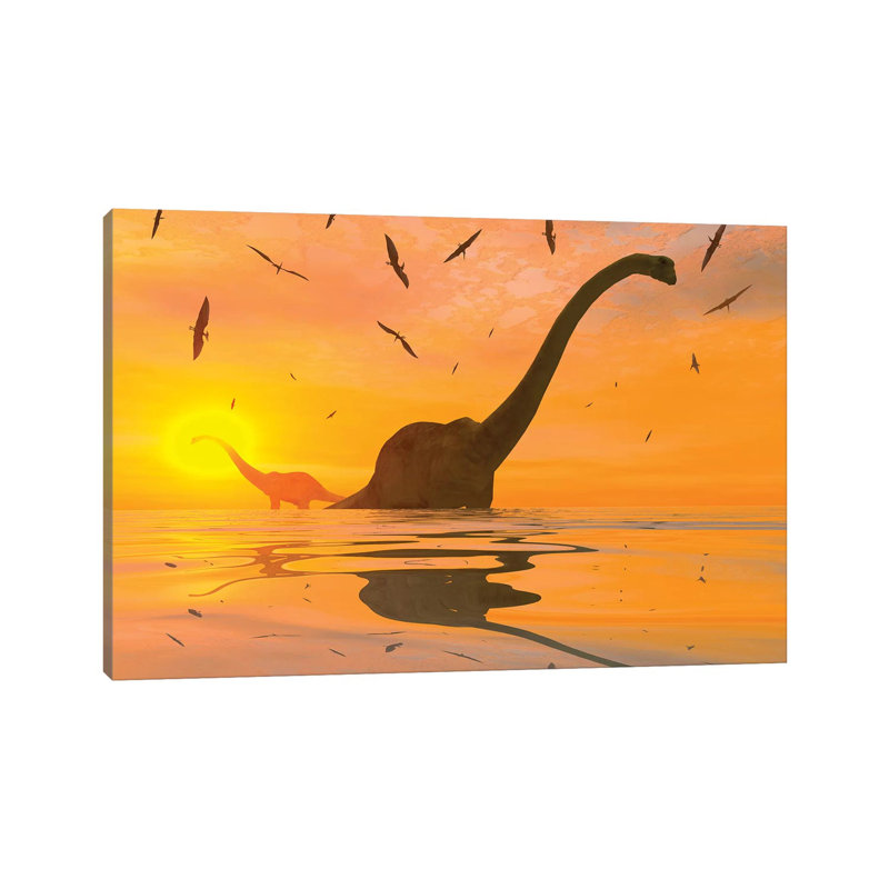 Diplodocus Dinosaurs Bathe in a Large Body of Water 1 Piece Wrapped Canvas Wall Art, 101.6 cm H x 66.04 cm W x 3.175 cm D