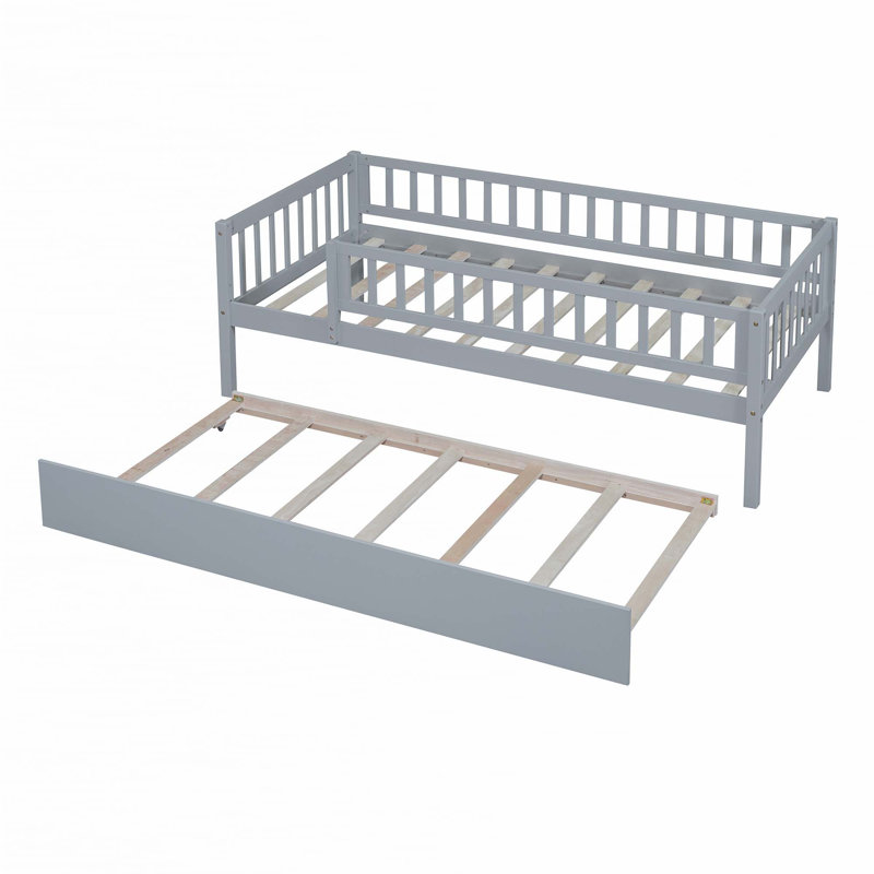 Wood Daybed with Trundle and Fence Guardrails, Twin, Gray